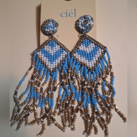 Ciel Brand Seed Bead Earrings In Blue, White & Bronze NIP - Picture 2 of 5